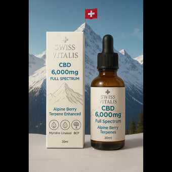 Swiss Vitalis Full Spectrum CBD Oil 6000mg in amber dropper bottle with product packaging. Premium full-spectrum hemp extract enhanced with Alpine terpenes including myrcene, linalool, and beta-caryophyllene. High-potency CBD oil for relaxation, stress relief, balance, and overall wellness. Vegan, third-party tested, entourage effect formula by Swiss Vitalis for daily natural support.