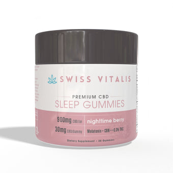Swiss Vitalis Sleep Gummies 30-count bottle with product packaging showing CBD, CBN, THC, and melatonin blend. Premium vegan sleep gummies for natural sleep support, relaxation, and restful nights. Blueberry-flavored cannabinoid gummies with 30mg CBD, 3mg CBN, 1mg THC, and 3mg melatonin per serving. Gluten-free, non-GMO, third-party tested by Swiss Vitalis for stress relief and deep sleep.