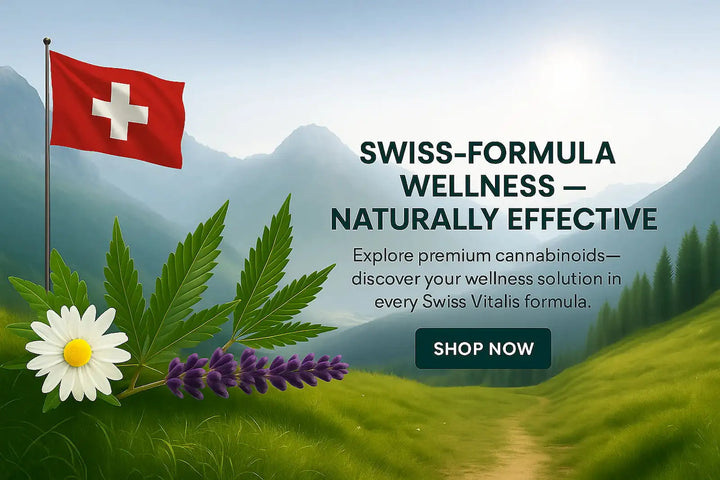 Swiss Vitalis promotional banner showing the Swiss flag in an alpine valley with hemp, chamomile, and lavender plants in the foreground; text reads “Swiss-Formula Wellness — Naturally Effective. Explore premium cannabinoids — discover your wellness solution in every Swiss Vitalis formula.” and a “Shop Now” button.