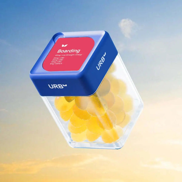 Boarding Skybites gummies in clear container, energizing THC, CBD, CBG, and CBC for focus and mood enhancement.