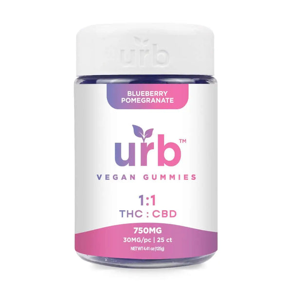 URB 1:1 THC:CBD gummies in blueberry pomegranate flavor, 750MG total, ideal for calming relief and relaxation.