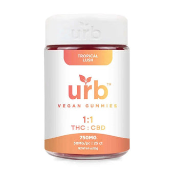 URB 1:1 THC:CBD Gummies in Tropical Lush flavor, 25 count, 750mg total for calming relief.