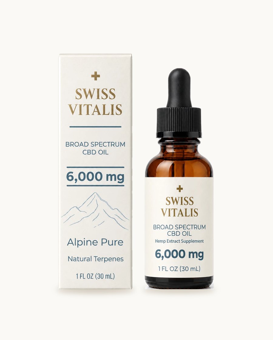 Swiss Vitalis Broad-Spectrum CBD Oil 6,000 mg, Alpine Pure: the ivory carton beside the amber dropper bottle, 30 mL.