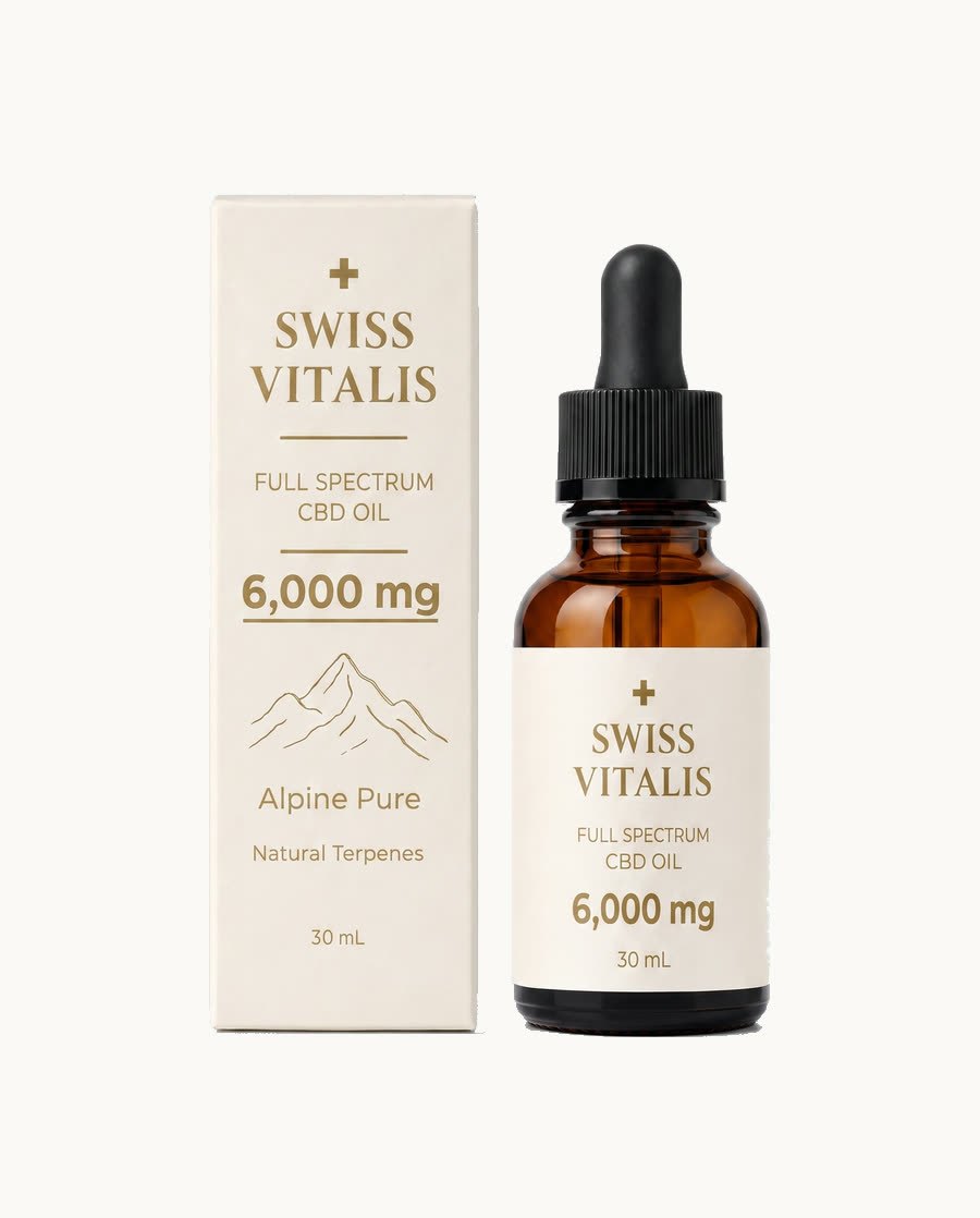 Swiss Vitalis Full-Spectrum CBD Oil 6,000 mg, frasco âmbar de conta-gotas, 30 mL.