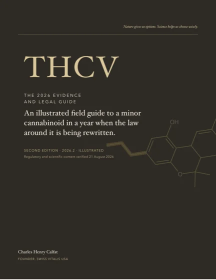 Capa da edição completa do Guia THCv: THCV, the 2026 evidence and legal guide, segunda edição 2026.2.