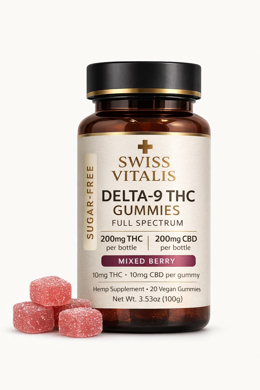 Swiss Vitalis Full-Spectrum 1:1 Delta-9 THC and CBD Gummies, sem açúcar, pote âmbar com gomas de frutas vermelhas.