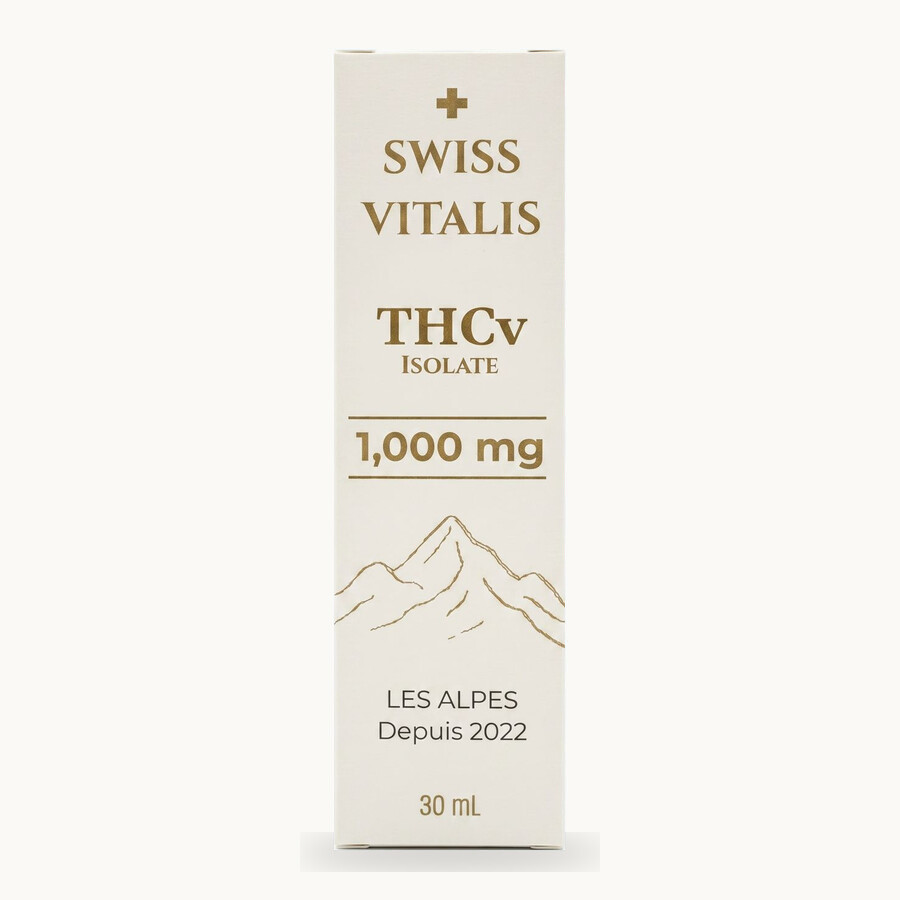 Swiss Vitalis THCv Isolate 1,000 mg, frasco âmbar de conta-gotas, 30 mL.